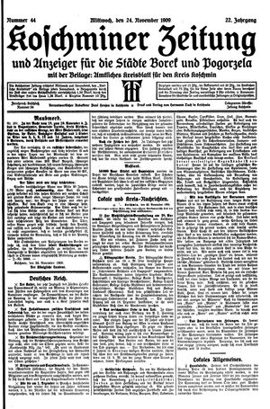 Koschminer Zeitung und Anzeiger für die Städte Borek und Pogorzela vom 24.11.1909