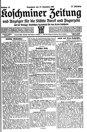 Koschminer Zeitung und Anzeiger für die Städte Borek und Pogorzela vom 27.11.1909