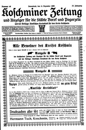 Koschminer Zeitung und Anzeiger für die Städte Borek und Pogorzela vom 11.12.1909