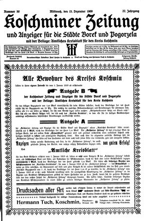 Koschminer Zeitung und Anzeiger für die Städte Borek und Pogorzela vom 15.12.1909