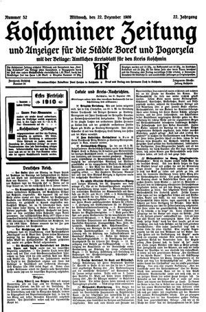 Koschminer Zeitung und Anzeiger für die Städte Borek und Pogorzela vom 22.12.1909