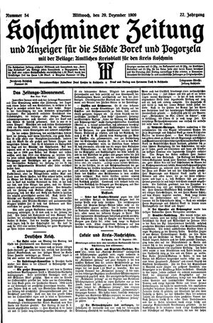 Koschminer Zeitung und Anzeiger für die Städte Borek und Pogorzela vom 29.12.1909