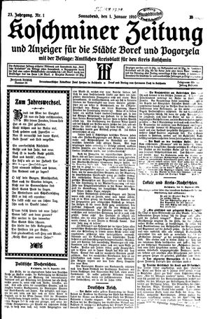 Koschminer Zeitung und Anzeiger für die Städte Borek und Pogorzela vom 01.01.1910