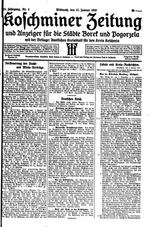 Koschminer Zeitung und Anzeiger für die Städte Borek und Pogorzela vom 12.01.1910