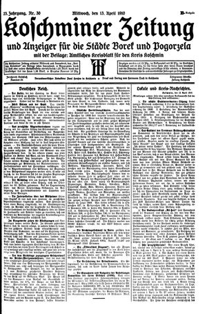 Koschminer Zeitung und Anzeiger für die Städte Borek und Pogorzela vom 13.04.1910