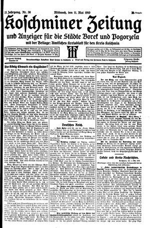Koschminer Zeitung und Anzeiger für die Städte Borek und Pogorzela vom 11.05.1910