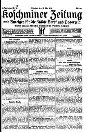Koschminer Zeitung und Anzeiger für die Städte Borek und Pogorzela vom 18.05.1910