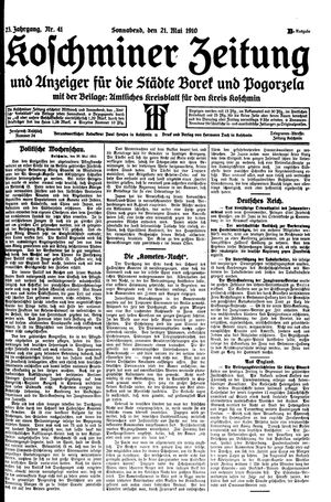 Koschminer Zeitung und Anzeiger für die Städte Borek und Pogorzela vom 21.05.1910