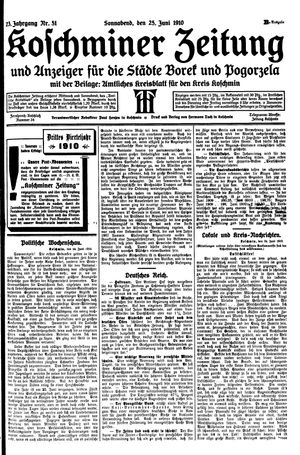 Koschminer Zeitung und Anzeiger für die Städte Borek und Pogorzela vom 25.06.1910