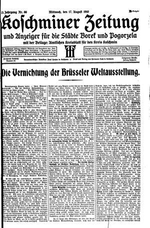 Koschminer Zeitung und Anzeiger für die Städte Borek und Pogorzela vom 17.08.1910