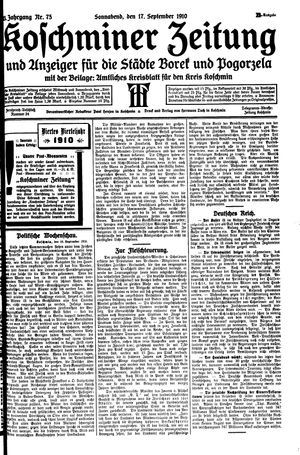 Koschminer Zeitung und Anzeiger für die Städte Borek und Pogorzela vom 17.09.1910