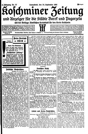 Koschminer Zeitung und Anzeiger für die Städte Borek und Pogorzela vom 24.09.1910