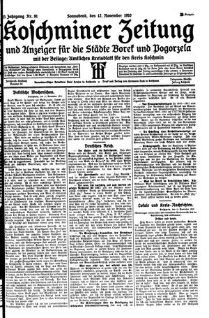 Koschminer Zeitung und Anzeiger für die Städte Borek und Pogorzela vom 12.11.1910