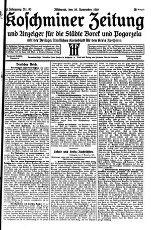 Koschminer Zeitung und Anzeiger für die Städte Borek und Pogorzela on Nov 16, 1910