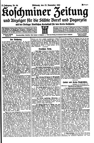 Koschminer Zeitung und Anzeiger für die Städte Borek und Pogorzela vom 23.11.1910