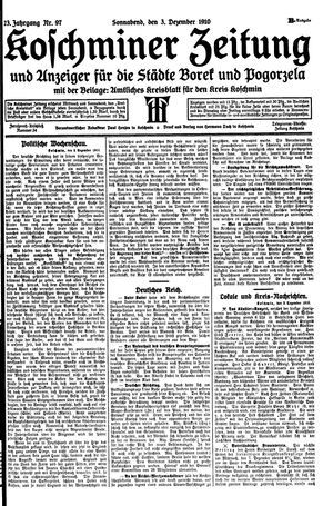 Koschminer Zeitung und Anzeiger für die Städte Borek und Pogorzela vom 03.12.1910