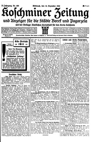 Koschminer Zeitung und Anzeiger für die Städte Borek und Pogorzela vom 14.12.1910