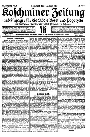 Koschminer Zeitung und Anzeiger für die Städte Borek und Pogorzela vom 14.01.1911