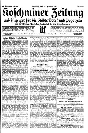 Koschminer Zeitung und Anzeiger für die Städte Borek und Pogorzela vom 22.02.1911