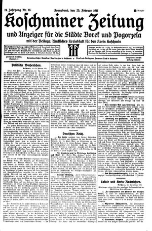 Koschminer Zeitung und Anzeiger für die Städte Borek und Pogorzela vom 25.02.1911