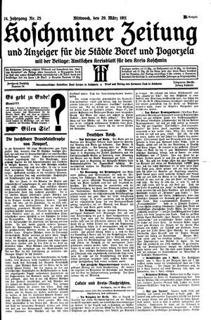 Koschminer Zeitung und Anzeiger für die Städte Borek und Pogorzela vom 29.03.1911