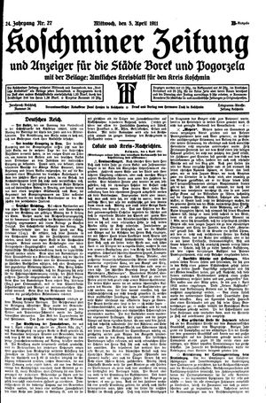Koschminer Zeitung und Anzeiger für die Städte Borek und Pogorzela vom 05.04.1911