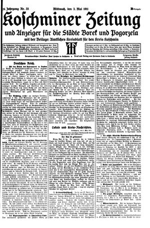 Koschminer Zeitung und Anzeiger für die Städte Borek und Pogorzela vom 03.05.1911