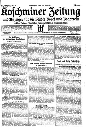 Koschminer Zeitung und Anzeiger für die Städte Borek und Pogorzela vom 20.05.1911