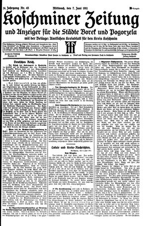 Koschminer Zeitung und Anzeiger für die Städte Borek und Pogorzela vom 07.06.1911