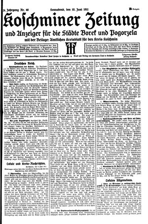 Koschminer Zeitung und Anzeiger für die Städte Borek und Pogorzela vom 10.06.1911