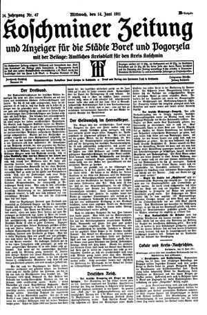 Koschminer Zeitung und Anzeiger für die Städte Borek und Pogorzela vom 14.06.1911