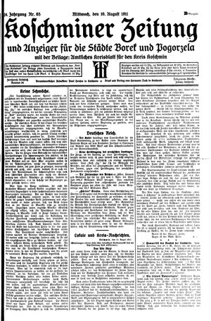 Koschminer Zeitung und Anzeiger für die Städte Borek und Pogorzela vom 16.08.1911