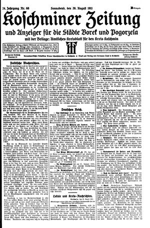 Koschminer Zeitung und Anzeiger für die Städte Borek und Pogorzela vom 26.08.1911