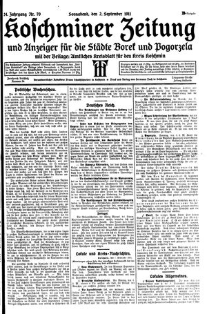 Koschminer Zeitung und Anzeiger für die Städte Borek und Pogorzela vom 02.09.1911