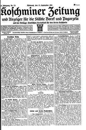 Koschminer Zeitung und Anzeiger für die Städte Borek und Pogorzela vom 13.09.1911
