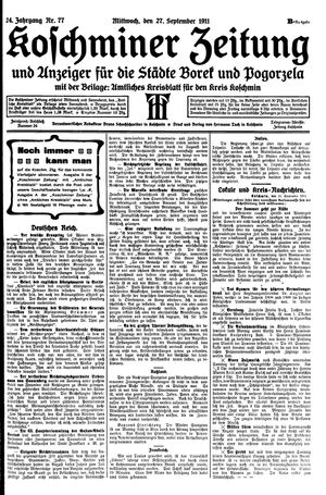 Koschminer Zeitung und Anzeiger für die Städte Borek und Pogorzela vom 27.09.1911