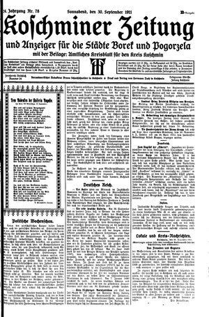 Koschminer Zeitung und Anzeiger für die Städte Borek und Pogorzela vom 30.09.1911