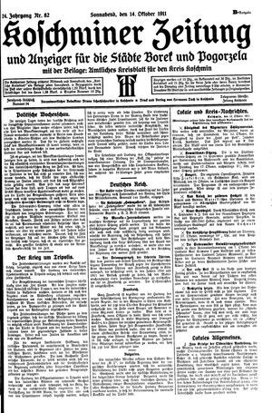 Koschminer Zeitung und Anzeiger für die Städte Borek und Pogorzela vom 14.10.1911