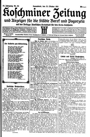 Koschminer Zeitung und Anzeiger für die Städte Borek und Pogorzela vom 21.10.1911