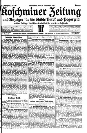 Koschminer Zeitung und Anzeiger für die Städte Borek und Pogorzela vom 11.11.1911