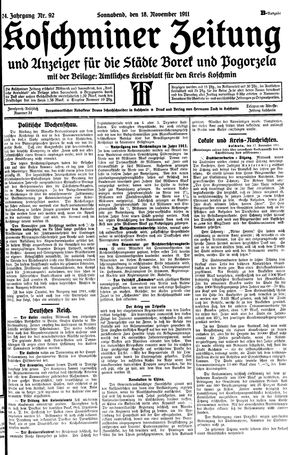 Koschminer Zeitung und Anzeiger für die Städte Borek und Pogorzela vom 18.11.1911