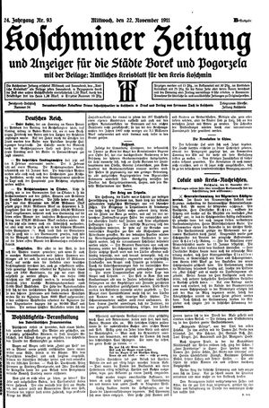 Koschminer Zeitung und Anzeiger für die Städte Borek und Pogorzela vom 22.11.1911