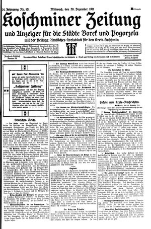 Koschminer Zeitung und Anzeiger für die Städte Borek und Pogorzela vom 20.12.1911