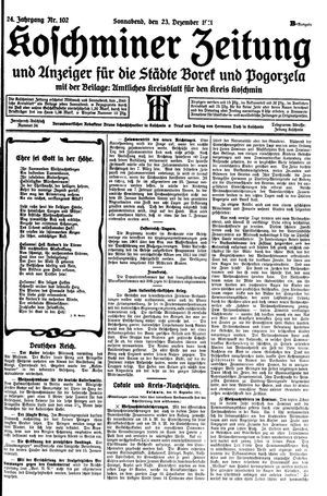 Koschminer Zeitung und Anzeiger für die Städte Borek und Pogorzela vom 23.12.1911