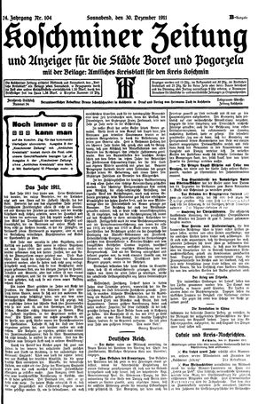 Koschminer Zeitung und Anzeiger für die Städte Borek und Pogorzela vom 30.12.1911