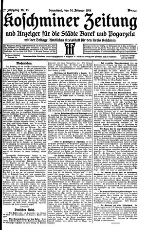 Koschminer Zeitung und Anzeiger für die Städte Borek und Pogorzela vom 14.02.1914
