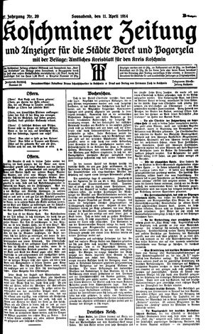Koschminer Zeitung und Anzeiger für die Städte Borek und Pogorzela vom 11.04.1914