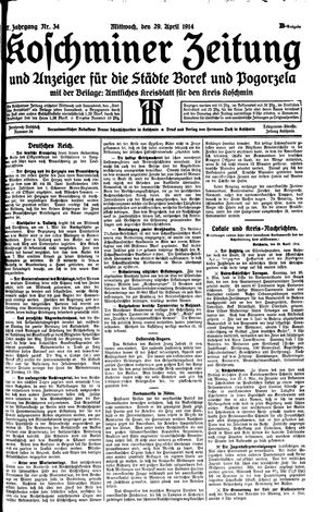 Koschminer Zeitung und Anzeiger für die Städte Borek und Pogorzela vom 29.04.1914