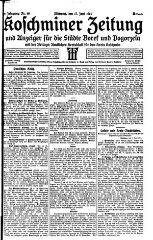Koschminer Zeitung und Anzeiger für die Städte Borek und Pogorzela vom 17.06.1914