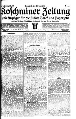 Koschminer Zeitung und Anzeiger für die Städte Borek und Pogorzela vom 20.06.1914
